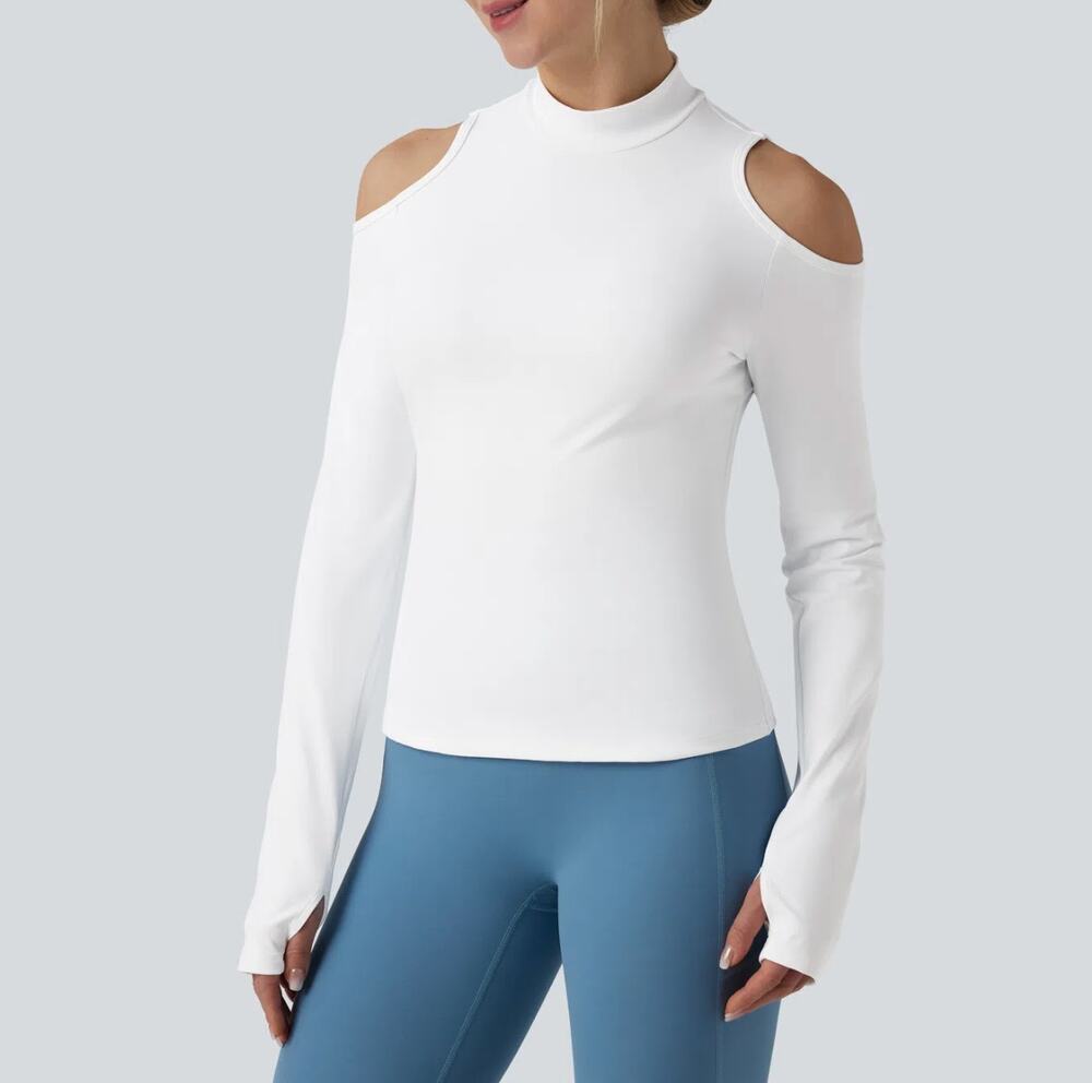 Halara NWT SoftlyZero Airy Mock Neck Cut Out Long Sleeve Top White Sz S
